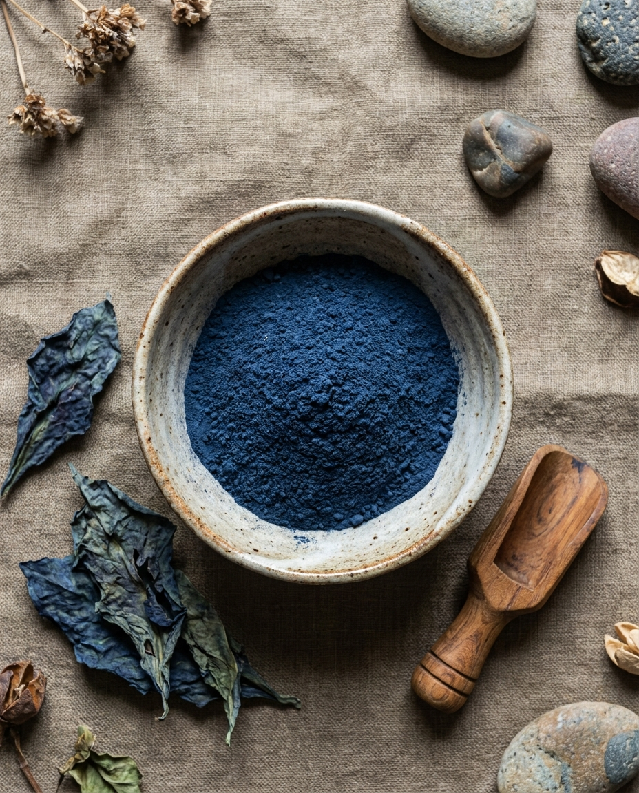 Indigo powder and dried indigo leaves