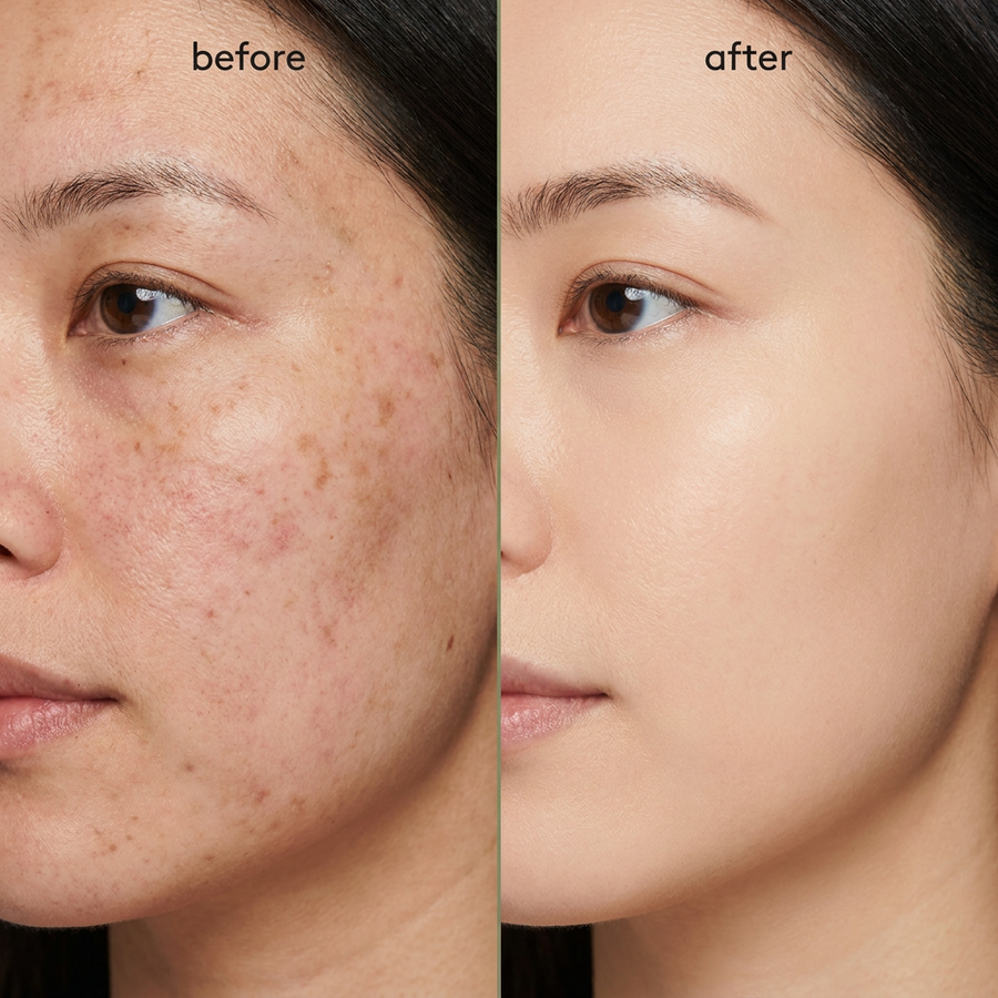 Dark spots faded, tone evened.