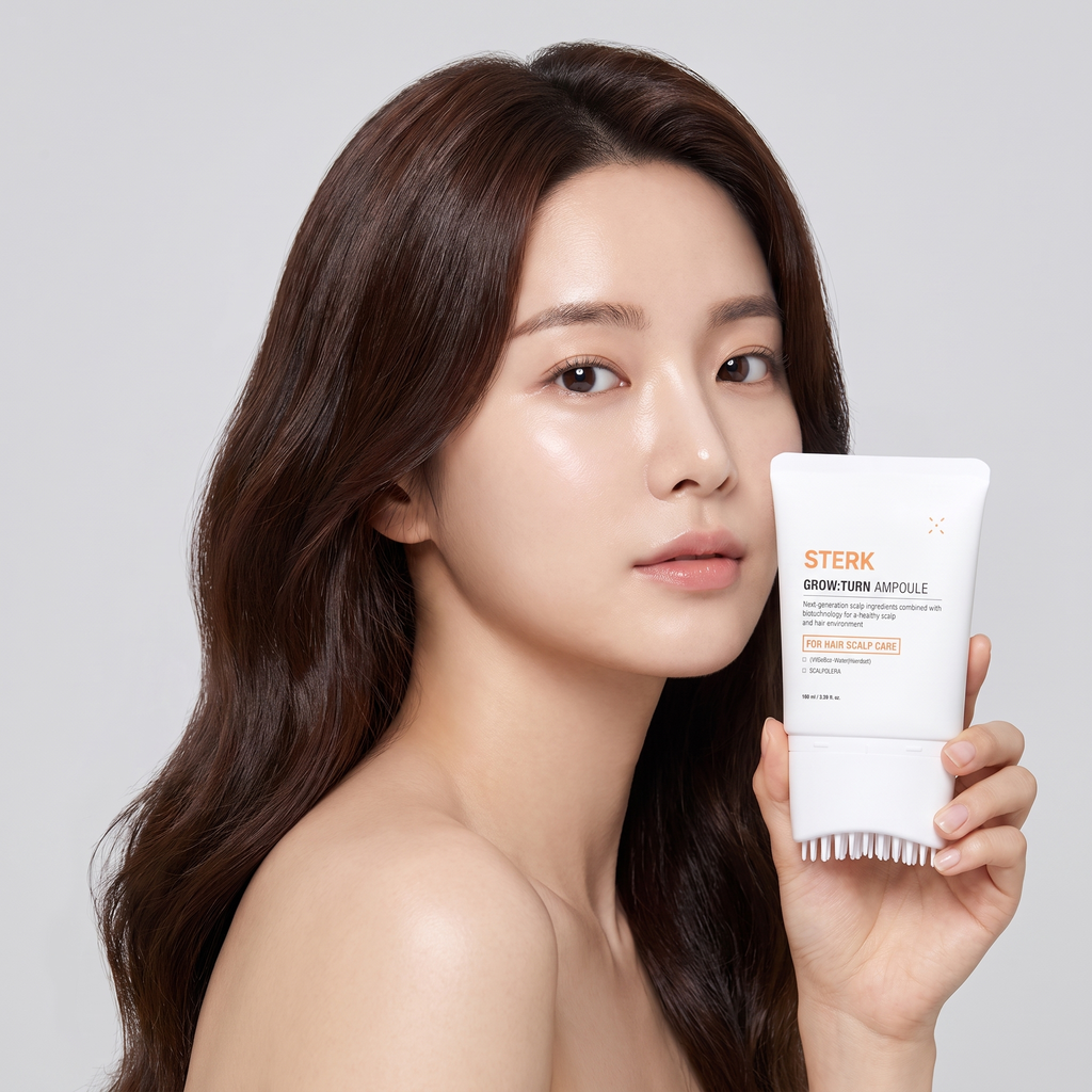 Woman holding STERK GrowTurn hair brush serum
