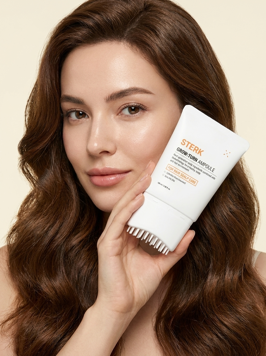 Model with fuller, thicker hair holding STERK GrowTurn ampoule
