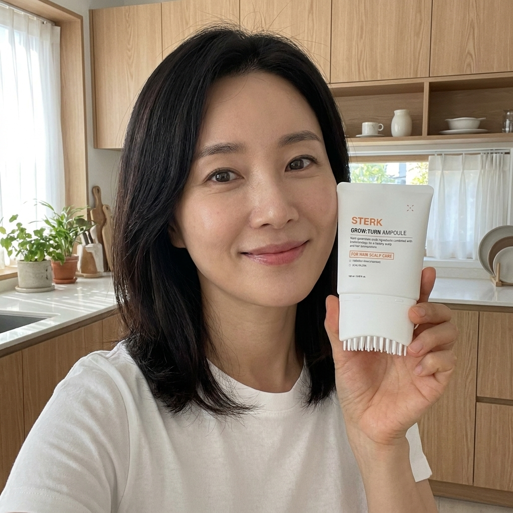 Woman in kitchen holding STERK GrowTurn ampoule — visible results in weeks