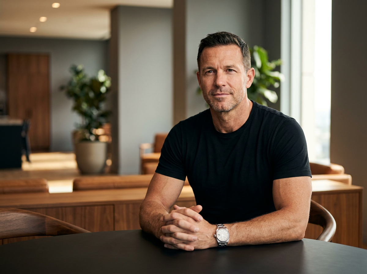 Man on TRT, relaxed and confident at home